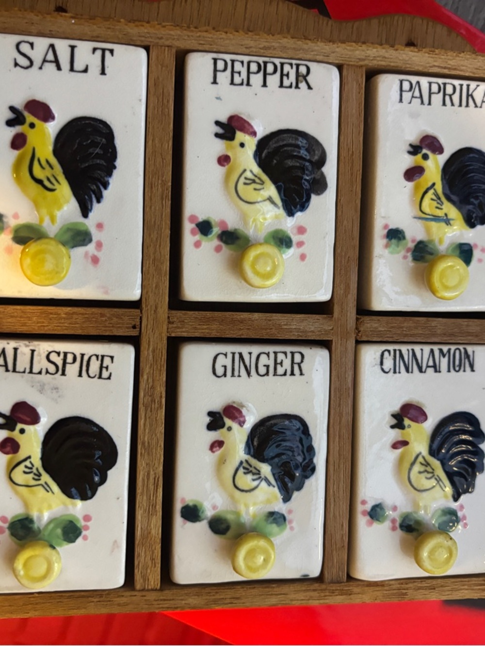 Vintage Ceramic Spice Drawer Tiles with Rooster Motif - Yellow & Black